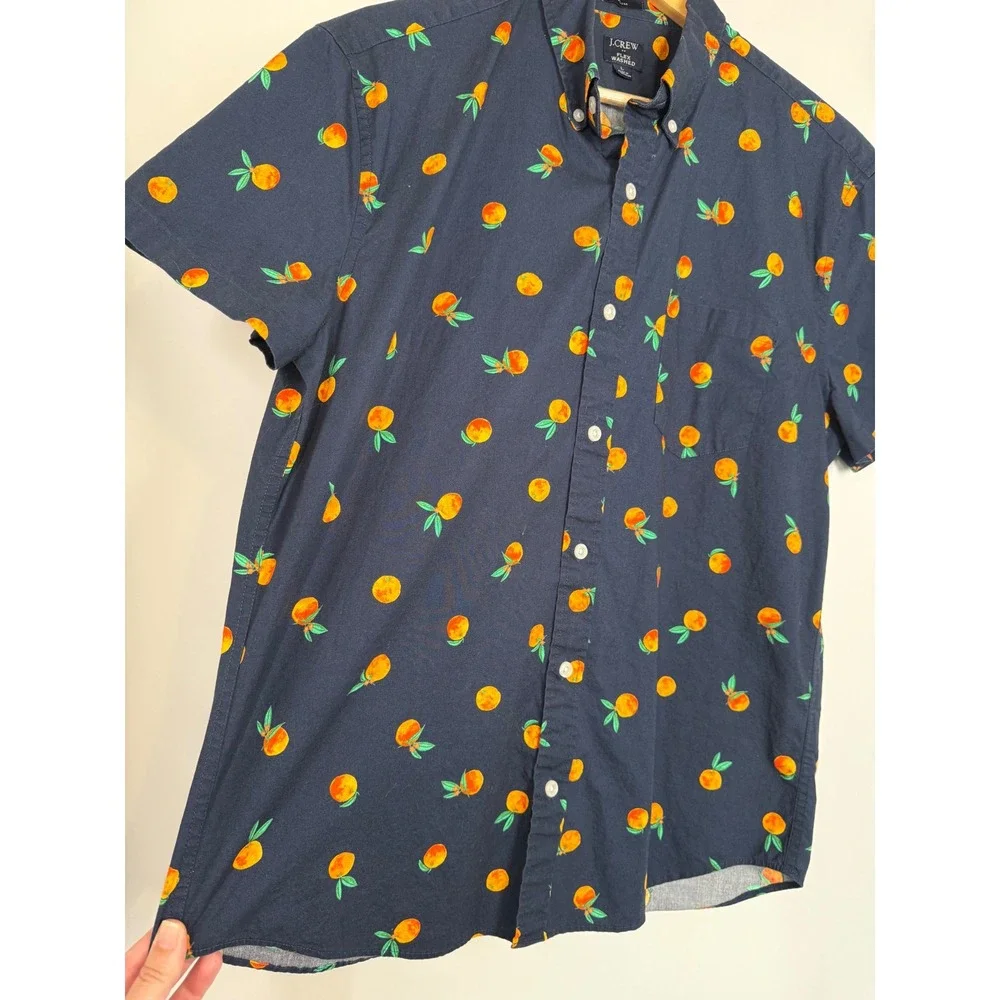 J.Crew Mens Slim Flex Washed Short Sleeve Orange Print‎ Button Down Shirt Navy L